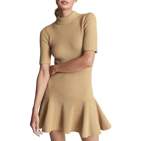 Reiss Amelia Knitted Sweater Dress Tan Brown Ribbed Flippy Mock Neck NWT Size L